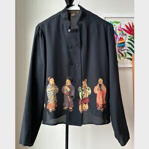 Harari Black Silk East Asian Art Long Sleeve Blouse - Size M